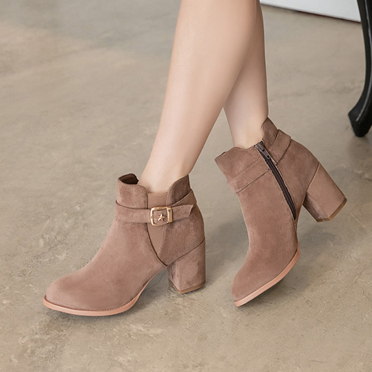 純色金屬飾釦絨布粗跟短靴400250 靴子 | boots|短靴