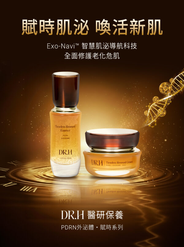 DR.H 研發團隊推出 「賦時 Timeless Renewal 系列」，全系列以獨家 Exo-Navi™ 智慧肌泌導航科技 為核心，結合再生醫學尖端成分 PDRN 與 外泌體，打造出一套專為亞洲女性設計的 All in One 抗老系統。