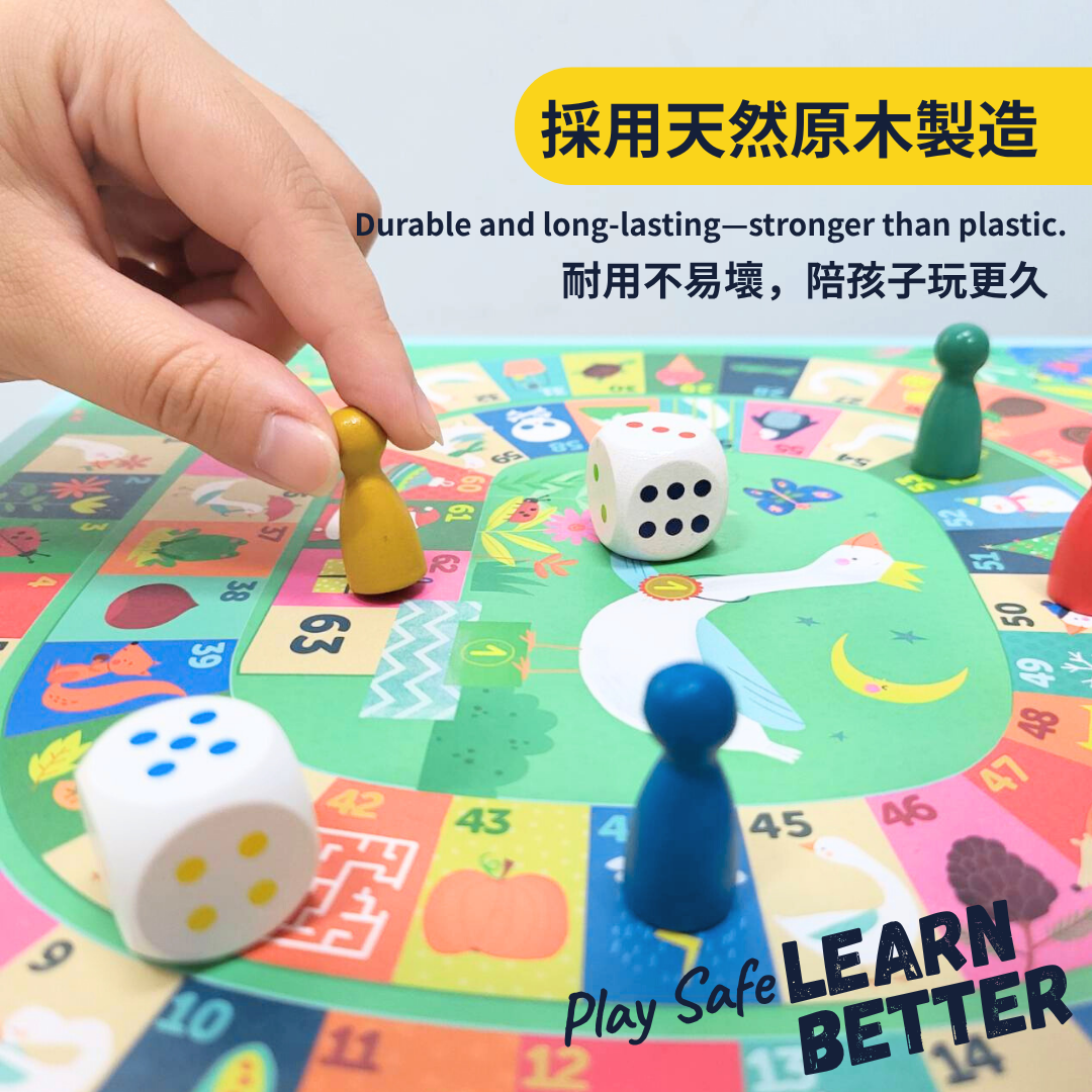 西班牙APLI kids 3歲幼兒桌遊，天然原木的棋子與彩色骰子。