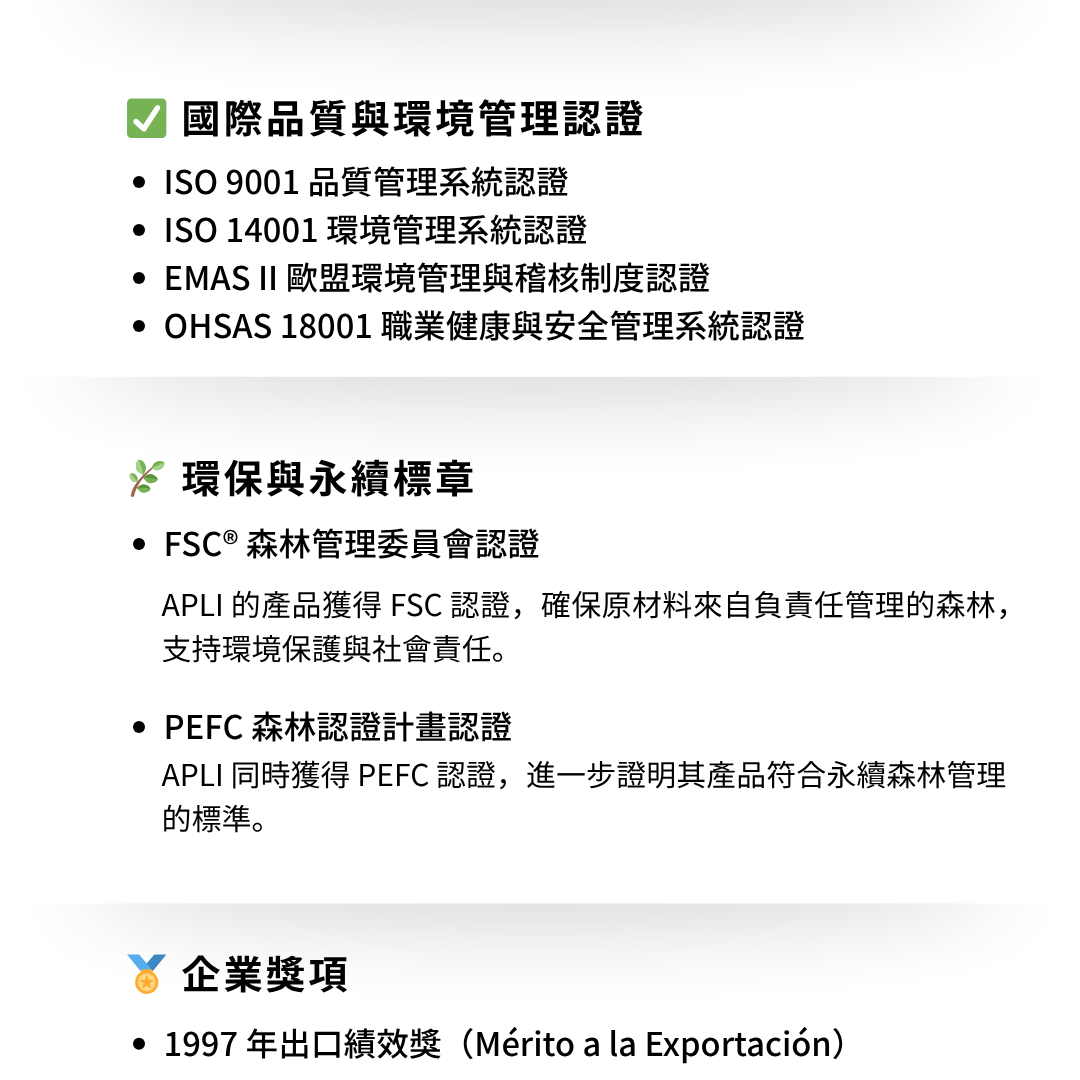 西班牙APLI Kids已通過ISO品質認證、歐盟EMASⅡ認證，並且持續耕耘永續環保。