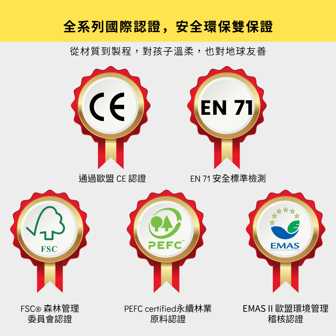 西班牙APLI Kids玩具通過歐盟CE認證、EN71安全標準檢驗、FSCⓇ、PEFC certified、EMAS Ⅱ認證