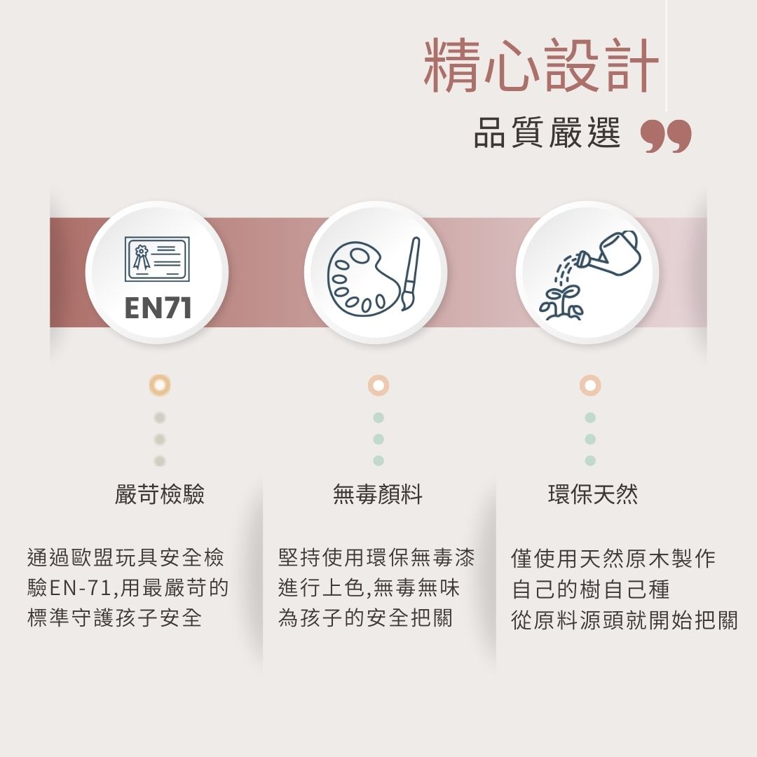 通過歐盟安全檢驗EN-71,並使用環保無毒顏料與天然原木製作,唯一木製玩具推薦