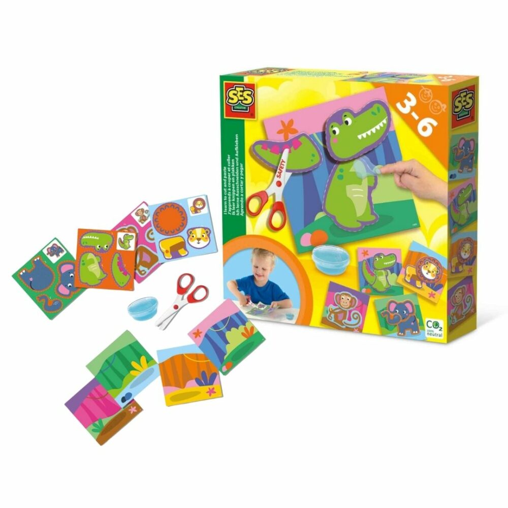 SES Creative 兒童剪紙創作組|附安全圓頭剪刀與動物主題紙卡,適合3–6歲幼兒剪貼遊戲