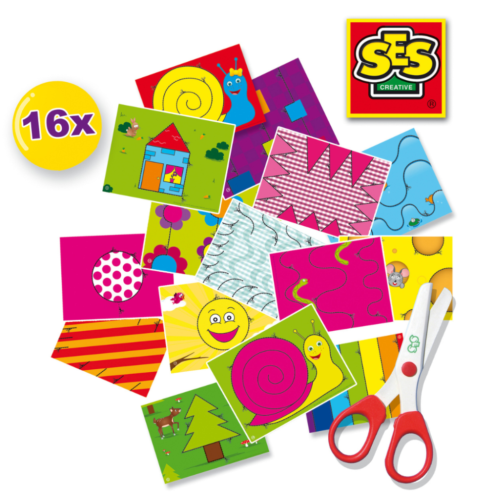 SES Creative 初級剪紙學習組，含16張彩色圖卡與安全剪刀，適合3-6歲幼兒剪紙啟蒙