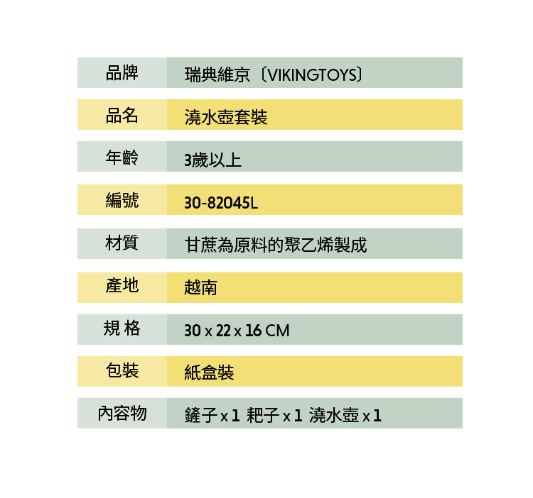 Viking toys挖沙澆花工具組,為甘蔗原料製成的PE / 瑞典設計越南製造,適合3歲以上。