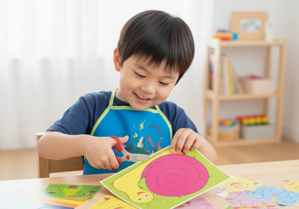幼兒開心的使用SES安全剪刀，剪下SES的彩色蝸牛圖案。