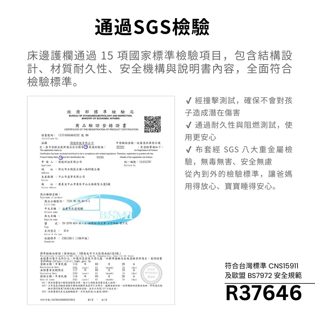 通過SGS驗床邊護欄通過5項國家標準檢驗項目包含結構設計、材質耐久性、安全機構與說明書內容全面符合檢驗標準經撞擊測試確保不會對孩標準檢驗 局BUREU OF STANDARDSMETROLOGY AND INSPECTIONMINTRY OF ECONOMIC AFFAIRS商品驗證登錄證書CERTIFICATE OF THE REGISTRATION OF PRODUCT CERTIFICATION證書號碼 CI374066460232號 Certificate 據有限公司申請驗證登錄經審查結果符合規定准予登錄並使用商品安全標章及識別號碼R37646其登錄事項如下The application byfor of reviewed and found be in with , with theR37646Product Safety Mark and the 申請人德科技有限公司 址新北五股區五權八路40號五樓生產廠場 中山市益寧有限公司廠 址廣東省中山市東區中山五路匯智大廈5樓Factory 商品種類名稱Type of product商品分類號列 A 中文名稱 兒童用床邊護欄Chinese Details of the regtration follows:統編號:53432787 子造成潜在傷害√ 通過耐久性與阻燃測試,使用更安心√ 布套經 SGS 八大重金屬檢驗,無毒無害、安全無慮從內到外的檢驗標準,讓爸媽用得放心、寶寶睡得安心。英文名稱:English Type式: YD-2D79-MY4-嵌入式+螺絲+固定帶一不可伸縮式系列型式: Series of the type依據標準: CNS5911 106版Standards標準檢驗局發證發證地址:100臺北市中正區濟南路1段4號) is to the IS , , 1 )證書以電子文件行之,所載內容若有不符之處,以標準檢驗局系統登錄資料為主,查詢證書資料:: 登錄期:中華民國 11420Registration year)03mcath)20day)本證書有效期限至117 0319經濟部Expiration year)03)19(day)發證日期:中華民國114 年0320日 of issue2025 (year)03()20(day)1:本證書驗證登錄商品時,進口人須與本證書名義人相同。2:年度商品驗證登錄年費繳納期限為當年11月30日,逾期未繳納者,經限期繳納屆期未繳納,即依商品檢驗法第42條第7款規定廢止驗證登錄,並次年度1月1日起生效,註3:本證書僅代表完成檢驗程序,不其他(如產地)證明。列印序號:3347062496000232063第1頁 共1頁符合台灣標準CNS15911及歐盟 BS7972 安全規範R37646